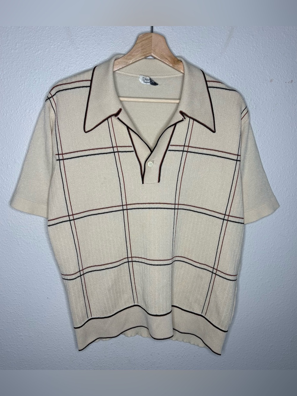 Vintage 70s Damon Italy Knit Polo Shirt XL Plaid Dagger Collar Retro Cream